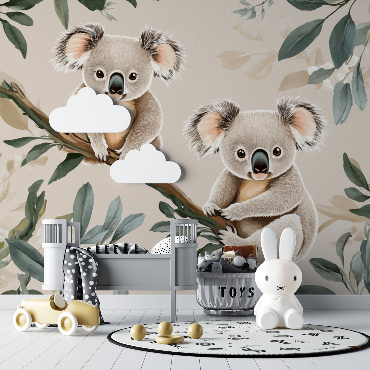 Koala wall mural bringing nature vibes to a child's playroom with reading nook