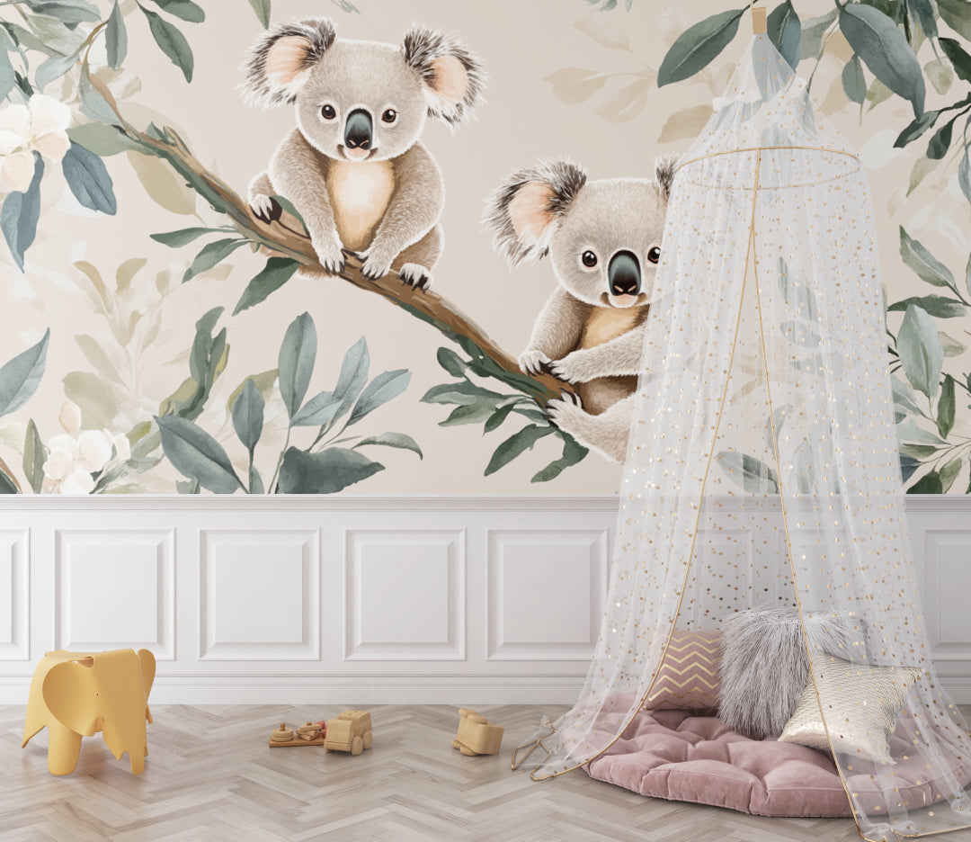 Australian koala wallpaper styled in a gender-neutral nursery with wooden accents
