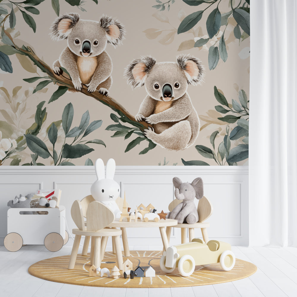 Sweet koala wallpaper creating a peaceful corner in a toddler's room