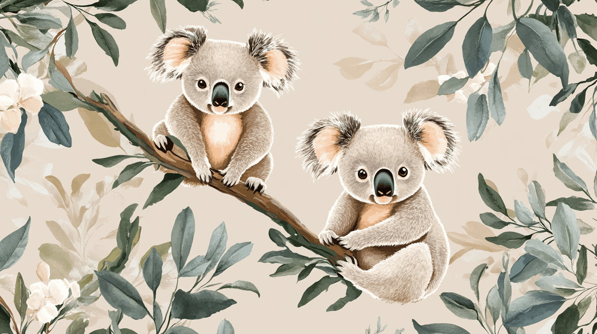 Design file of koala wallpaper showing detailed eucalyptus pattern and gentle color palette