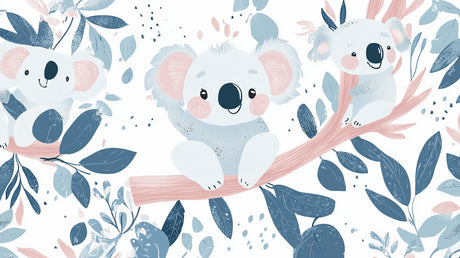 Koala nursery wallpaper design file showing detailed pattern of koalas and blue leaves on white background