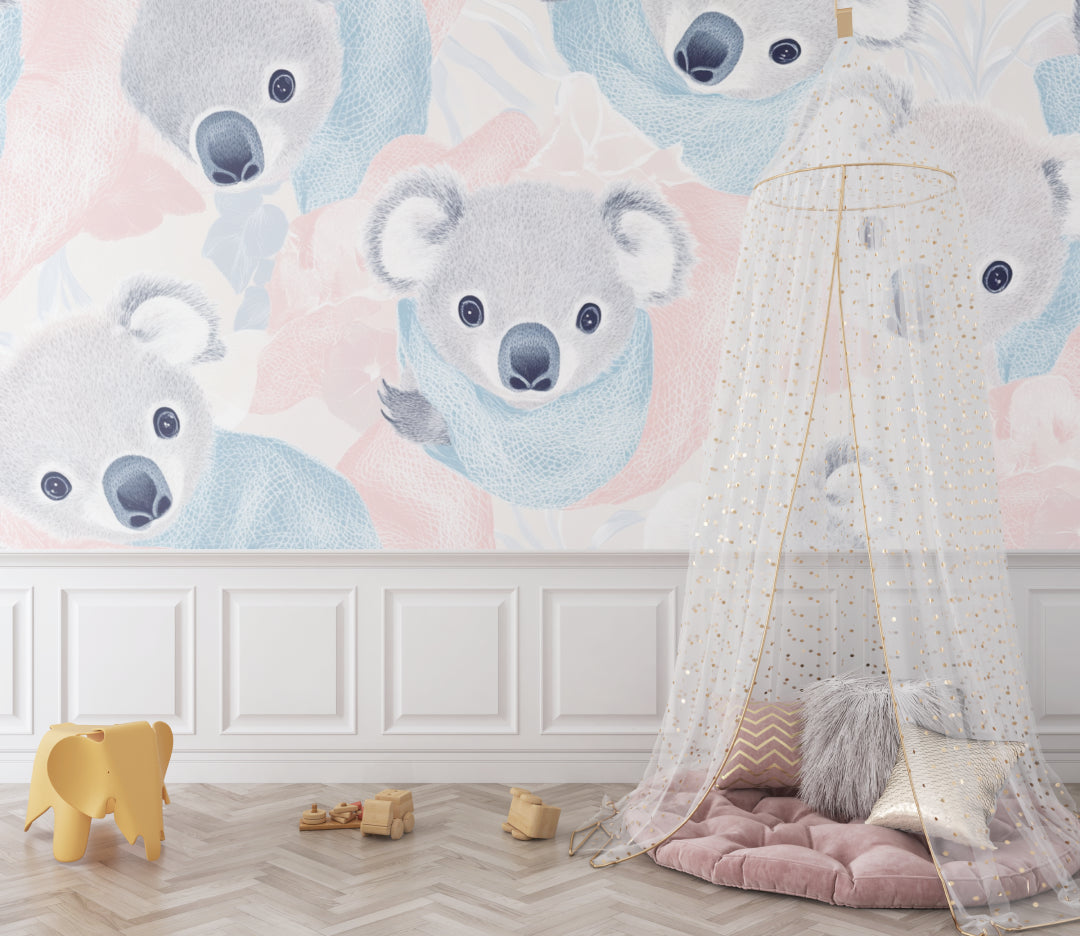 Baby koala wallpaper featured in small nursery reading nook