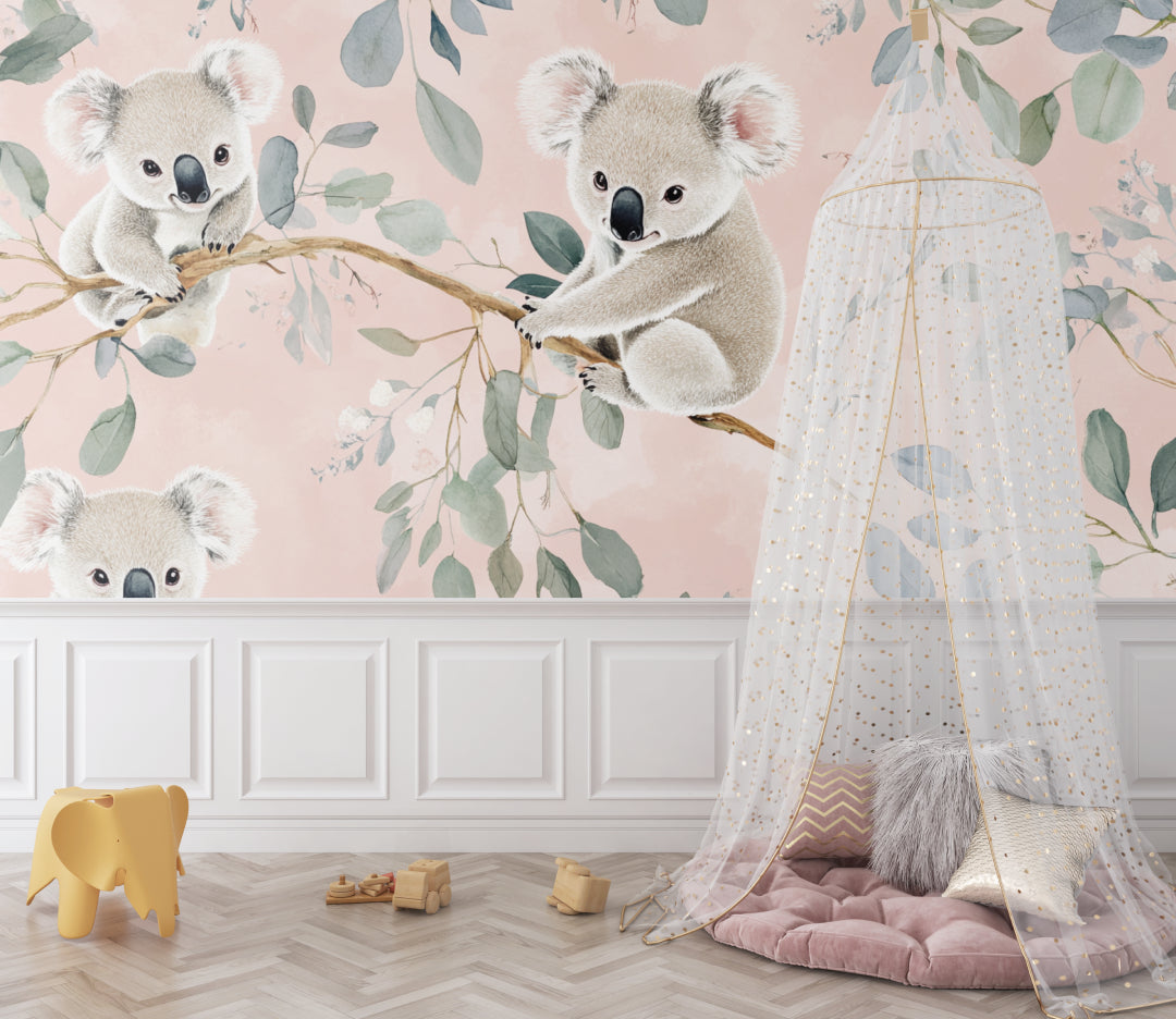 Pink koala wall mural brightening a child's reading nook with natural lighting