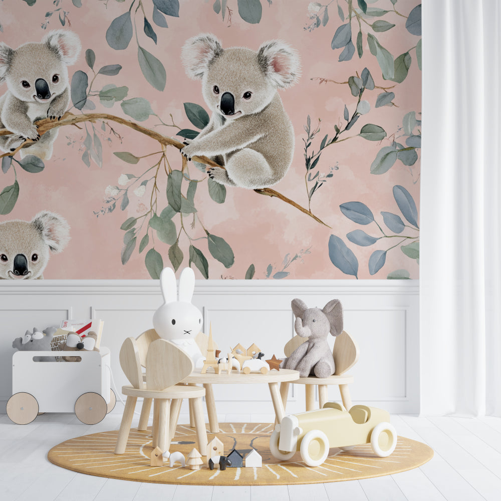 Australian wildlife wallpaper transforming a baby's nursery with soft pink tones