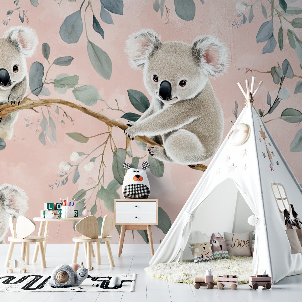 Koala nursery wallpaper showcased in a playroom with wooden accessories