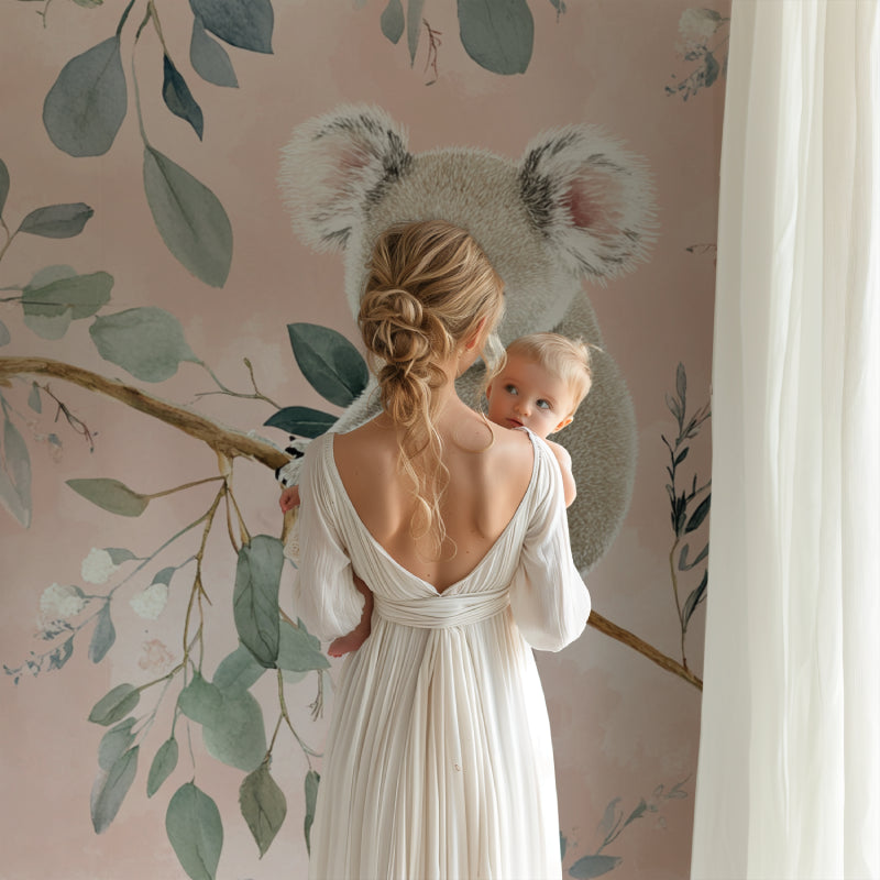 Pink eucalyptus koala mural adding charm to a girl's bedroom
