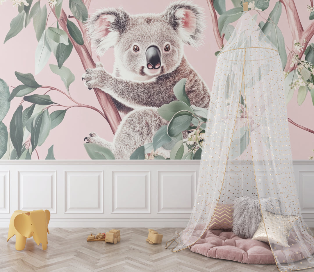 Pink koala mural creating a peaceful atmosphere in a girl's bedroom