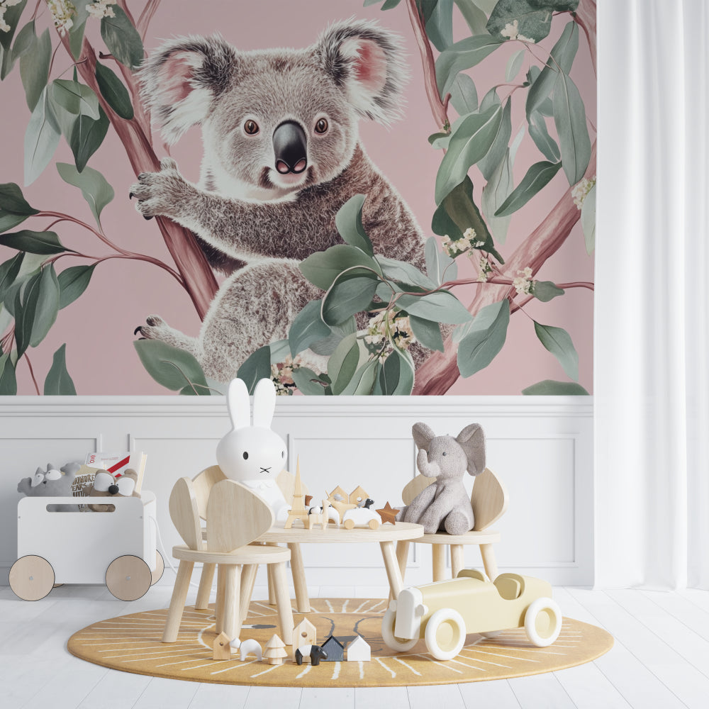 Pink nature theme koala mural in a modern kids' bedroom setup
