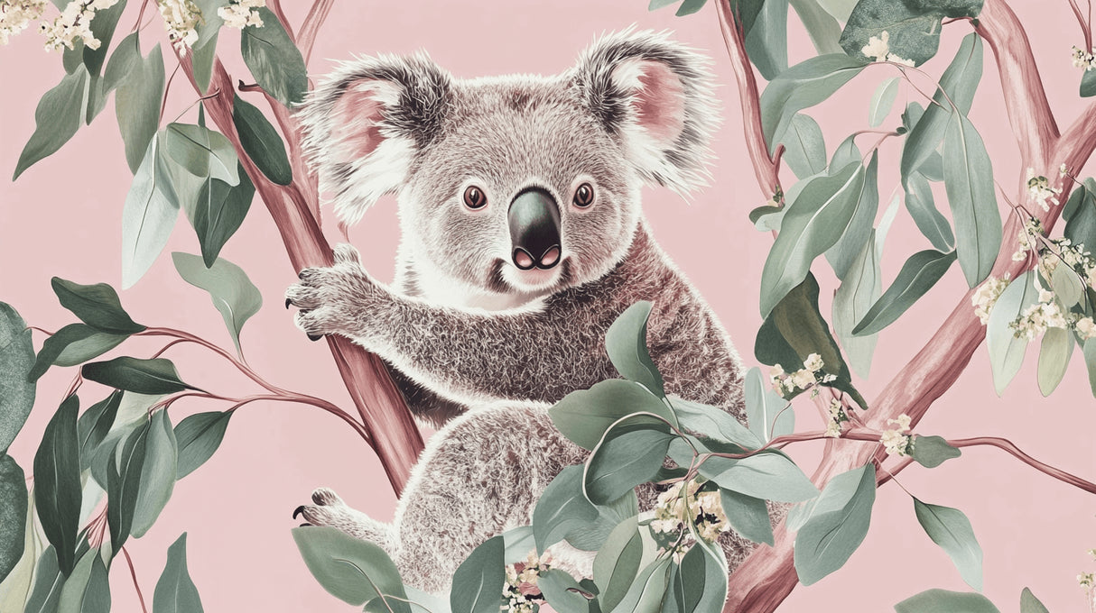 Design file showing detailed koala and eucalyptus pattern on pink background