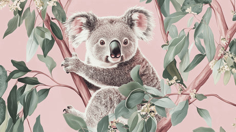 Design file showing detailed koala and eucalyptus pattern on pink background