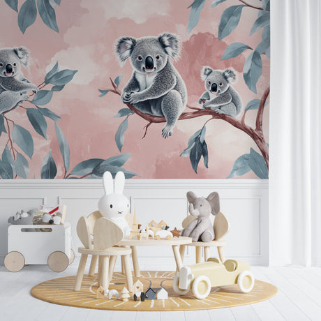 Koala nursery wallpaper creating a peaceful atmosphere in a modern white nursery with wooden crib