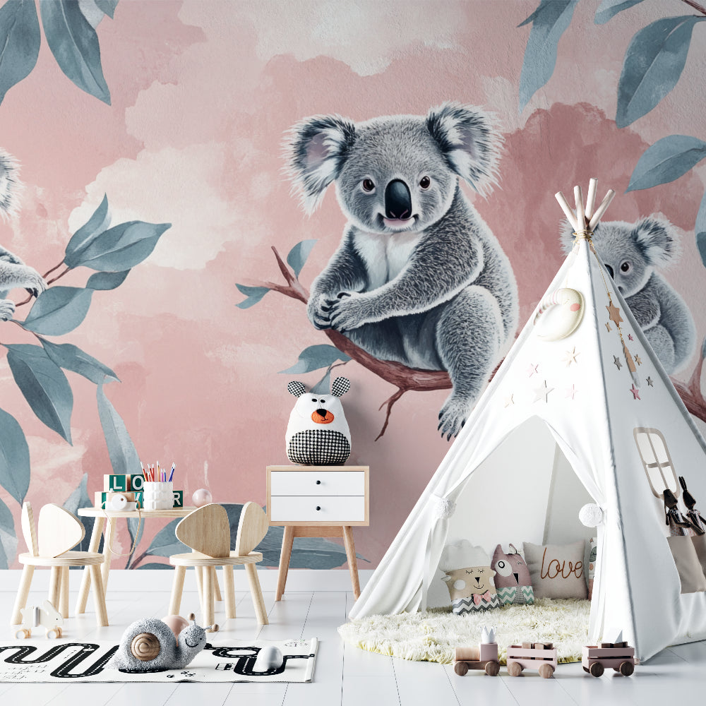 Koala mural wallpaper featured in a playroom with pink and sage accessories