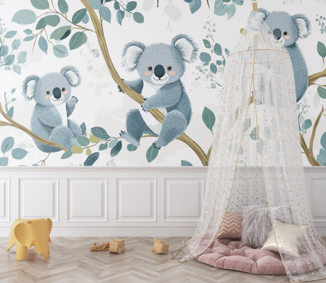 Australian koala wallpaper creating a cozy reading nook in a children's bedroom