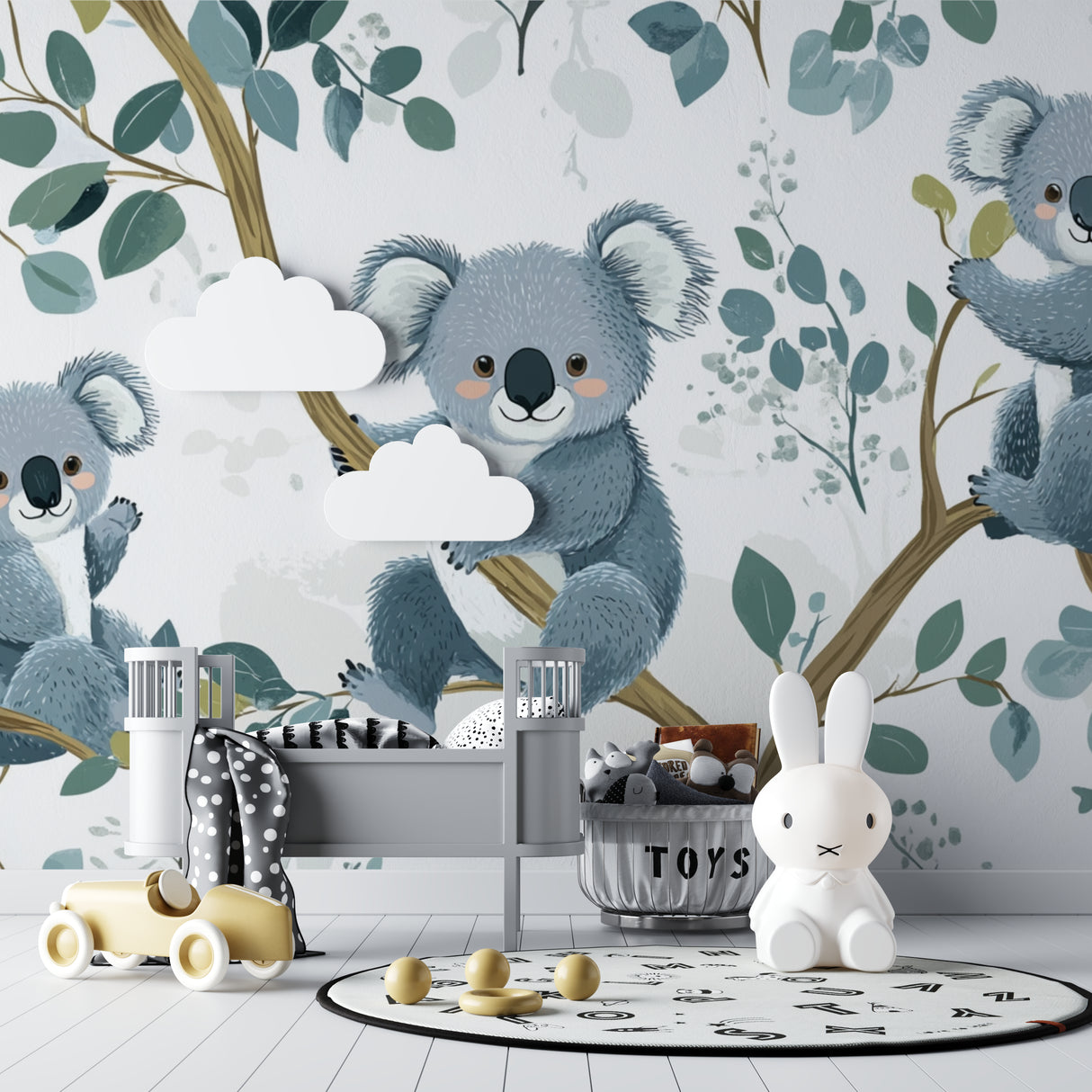 Koala and eucalyptus wall mural brightening up a modern playroom space