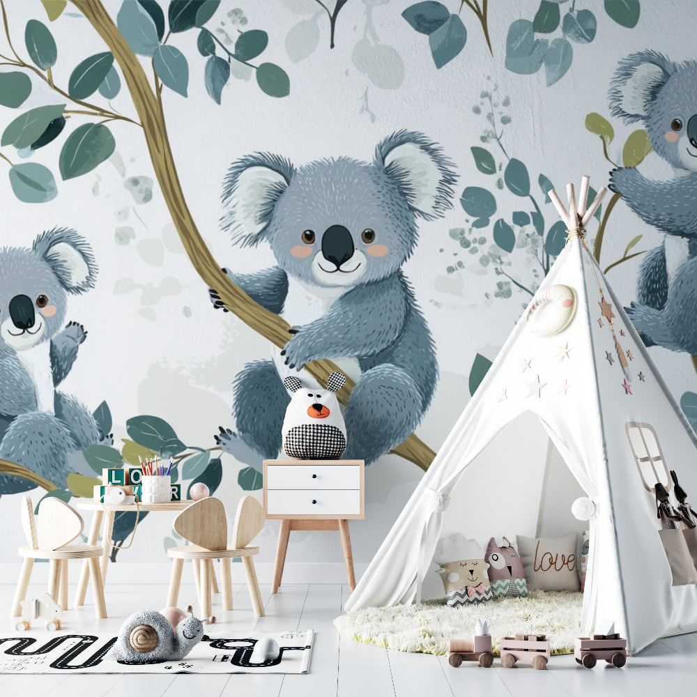 Nursery koala wallpaper styled with natural wood furniture and soft textiles