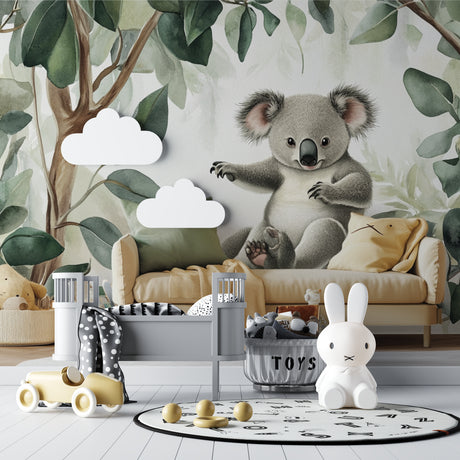 Koala wallpaper in modern nursery with white furniture and natural light
