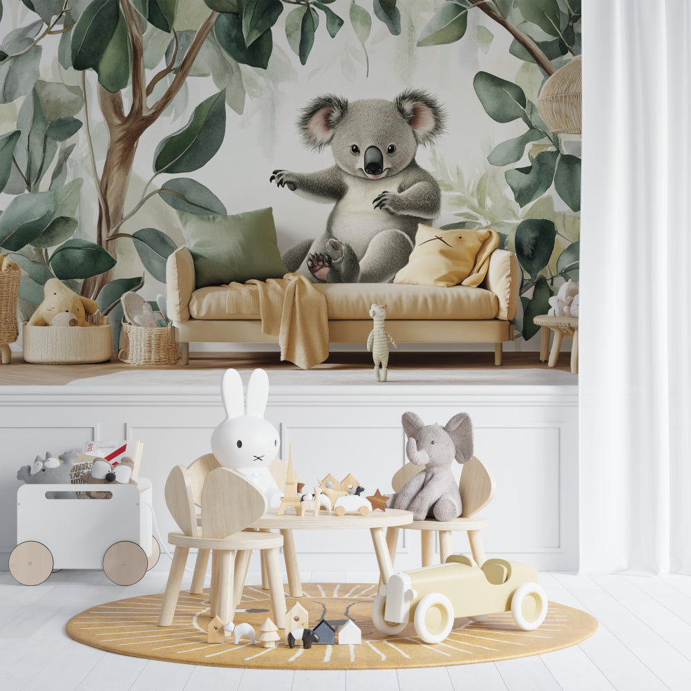 Baby koala mural in toddler bedroom with wooden decor