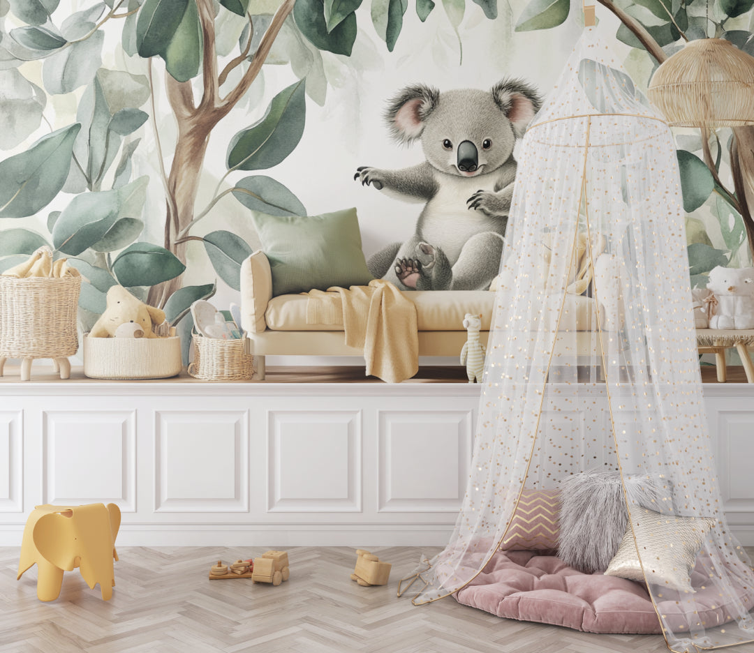 Koala nursery wallpaper in pastel-themed kids room