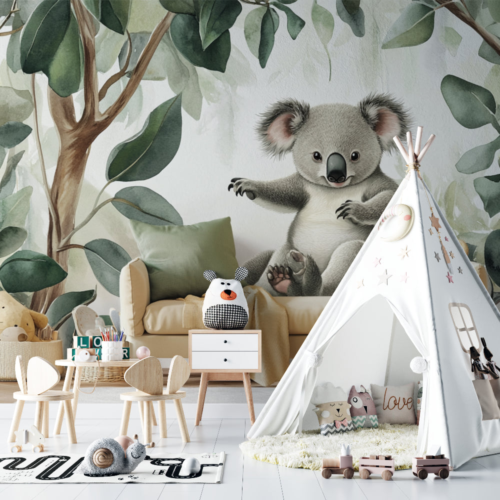 Animal wallpaper in playroom with reading nook