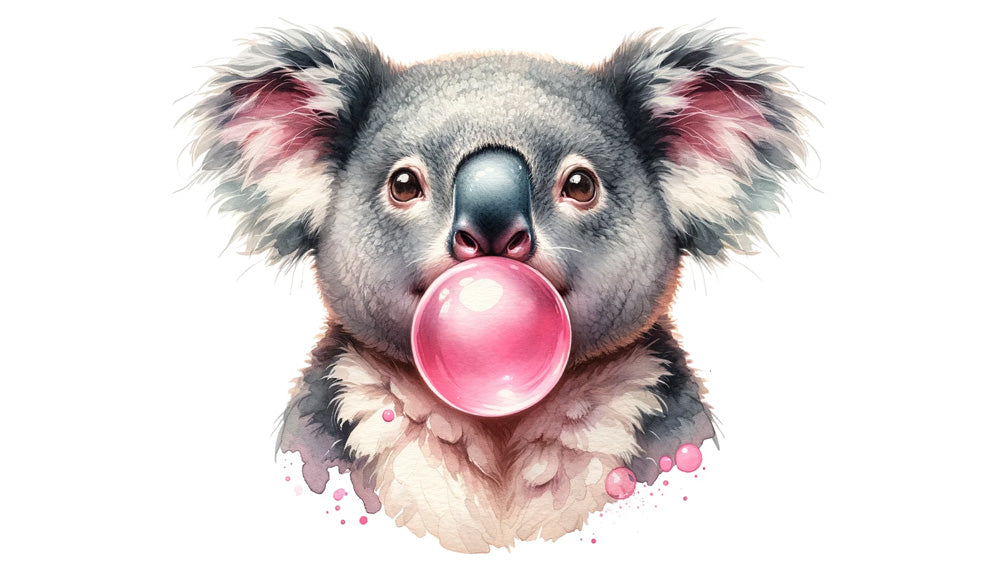 Koala wall mural design file showing detailed watercolor artwork of a playful koala with bubble gum