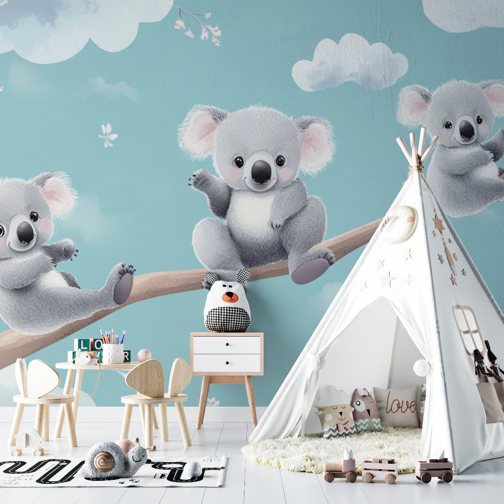 Baby room with koala wall mural showing crib and floating shelves