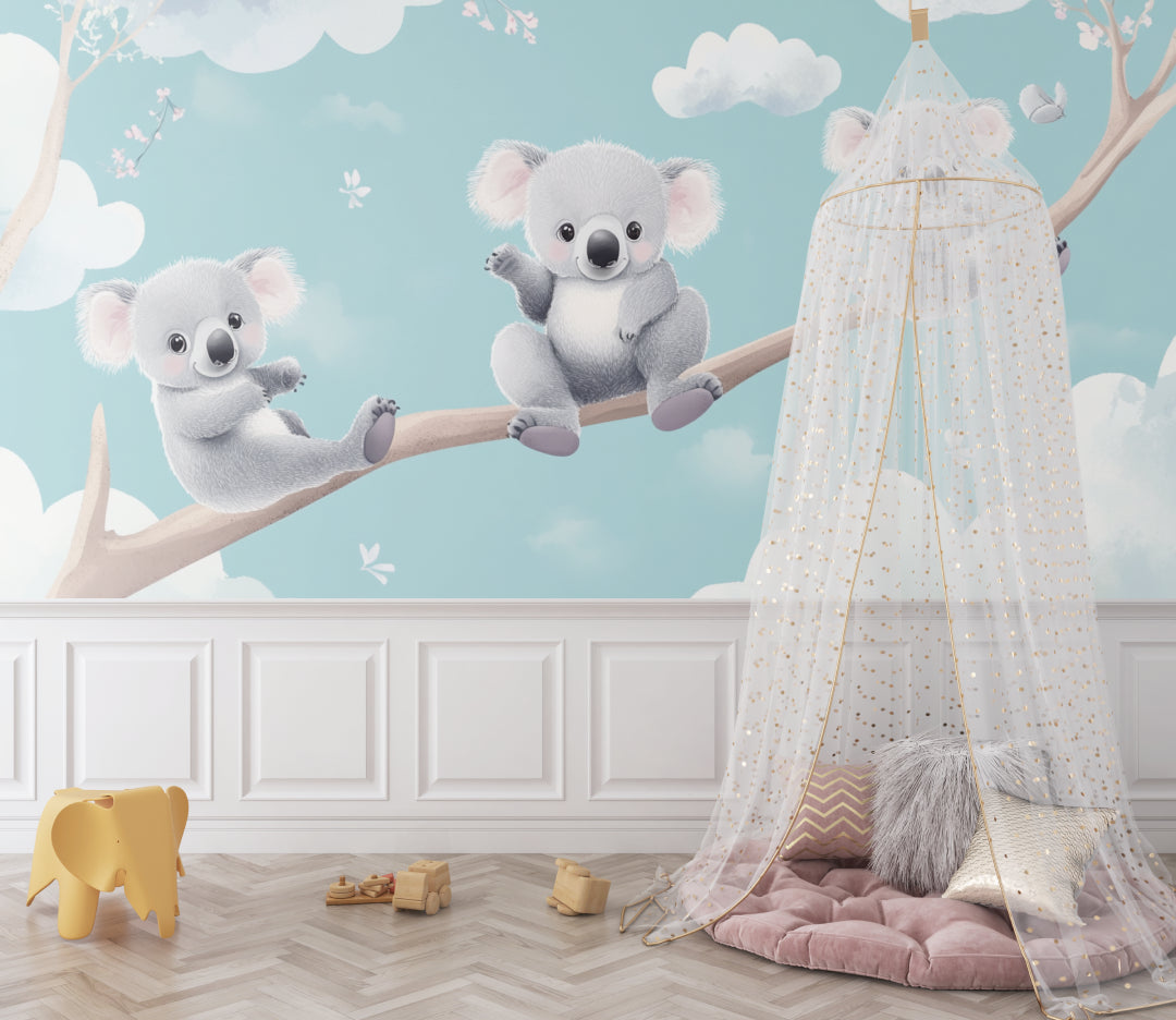 Playroom decorated with Australian koala wallpaper featuring toy storage and play mat