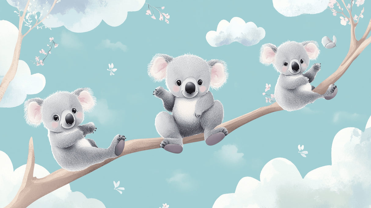 Koala nursery wallpaper design file showing full pattern with gentle blue clouds and playful koalas
