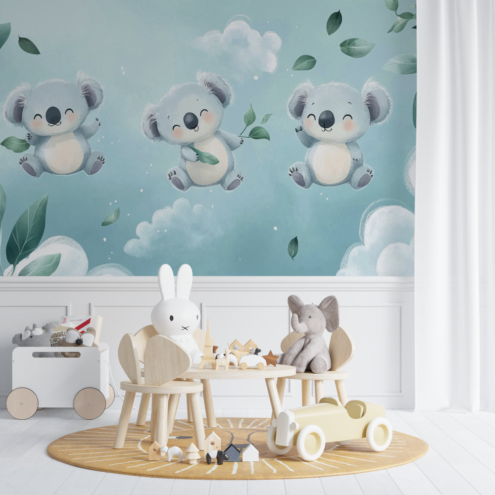 Sweet koala wallpaper brightening a toddler's bedroom with natural light