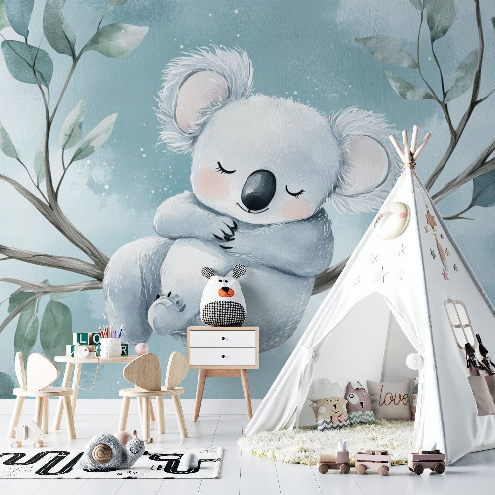 Baby koala mural in a toddler's bedroom with natural wood accents