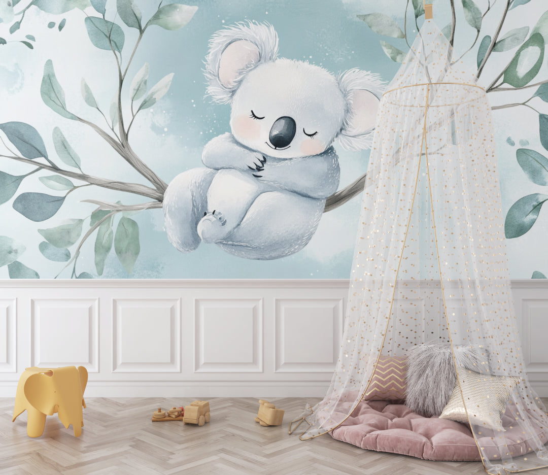 Koala nursery wallpaper complementing a minimalist children's room design
