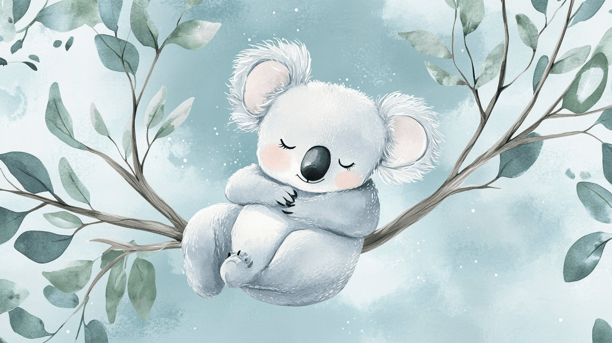 Sleeping koala and eucalyptus design file showing intricate watercolor details