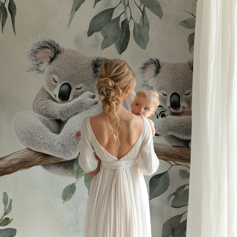 Sweet koala wall mural in a child's bedroom with natural wood accents