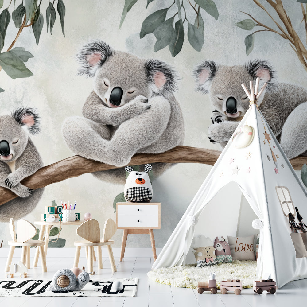 Sleeping koala mural wallpaper in a minimalist playroom setting