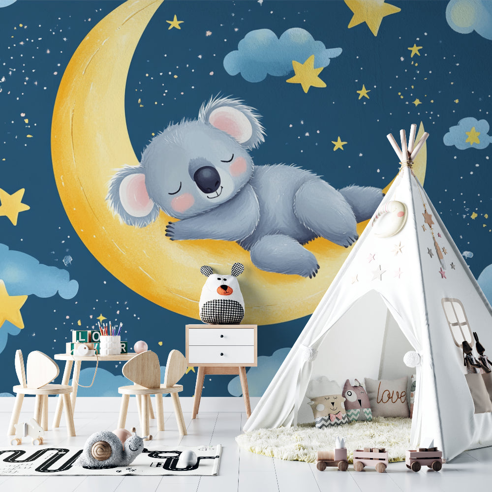 Koala nursery wallpaper creating a dreamy atmosphere in a modern white nursery with natural wood furniture