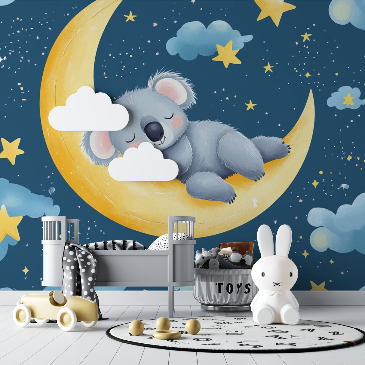 Sleeping koala wall mural bringing calm to a cozy reading nook with soft lighting
