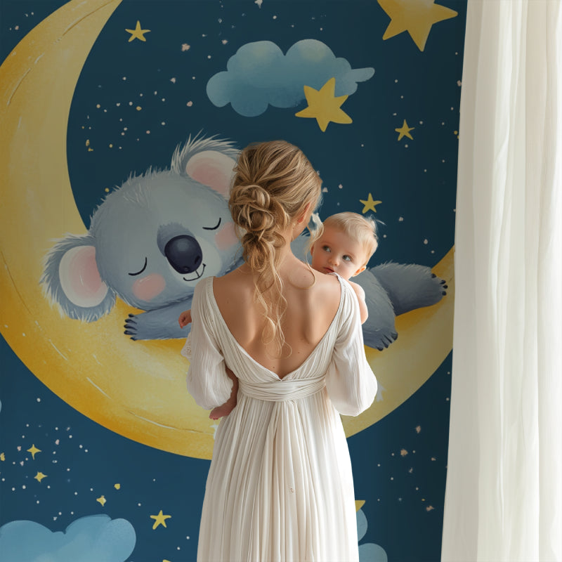 Moon and stars wallpaper with koala transforming a small bedroom into a magical space