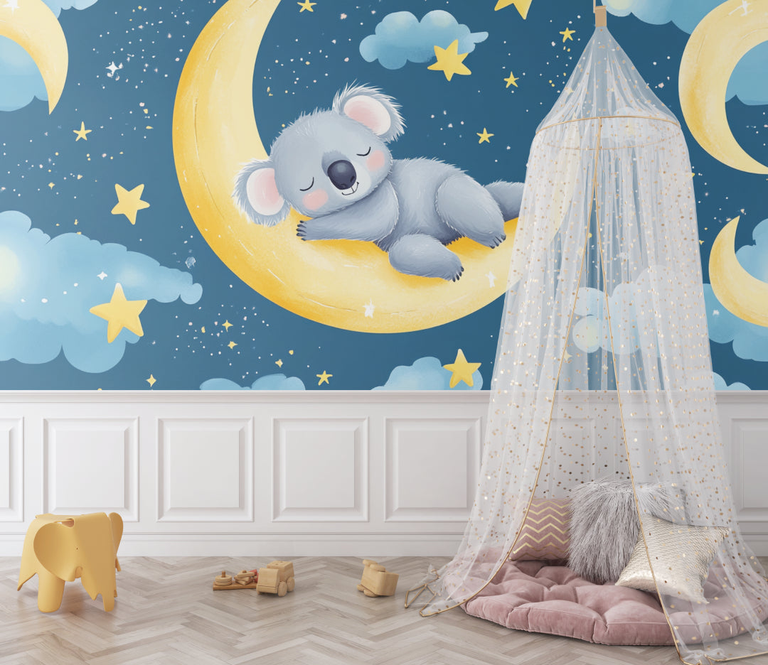 Koala wallpaper design adding whimsy to a child's play area with pastel accessories
