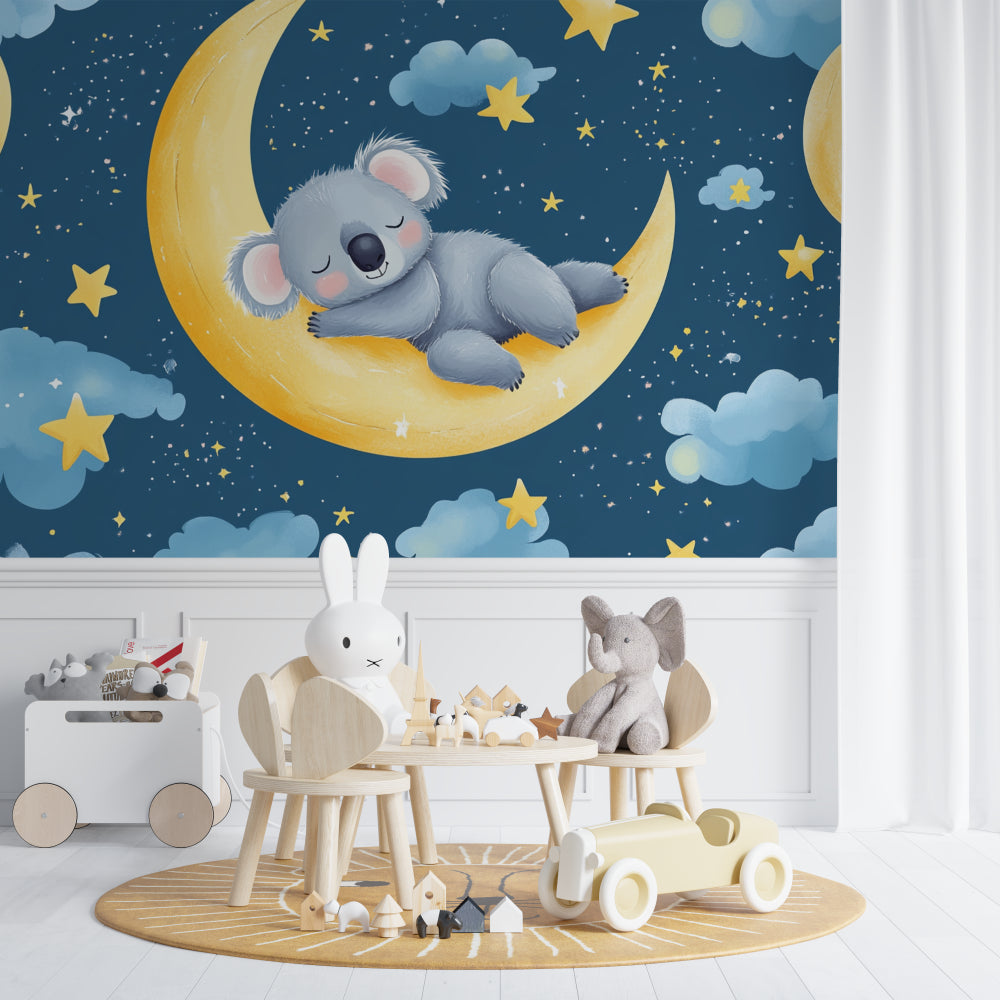 Sweet dreams koala mural creating a peaceful ambiance in a minimalist kids room