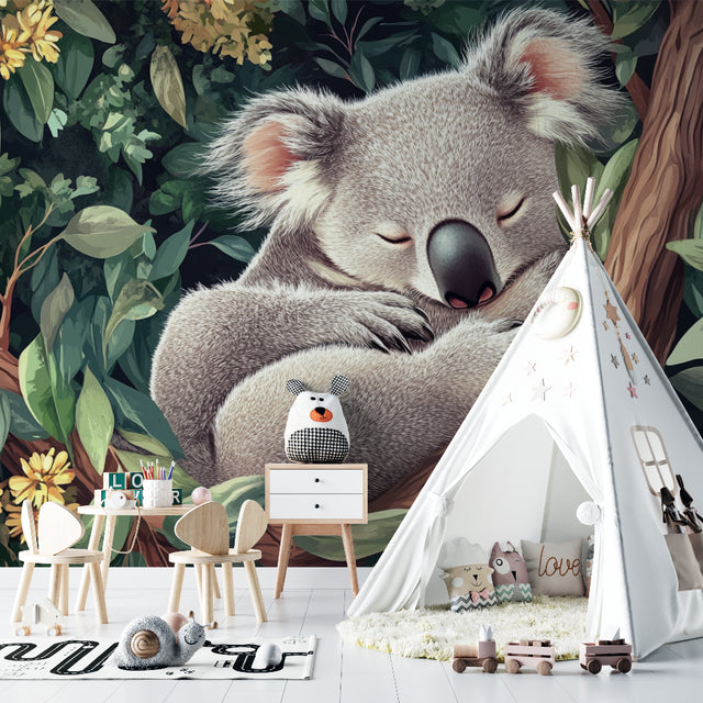 Koala wallpaper creating a peaceful atmosphere in a modern nursery with soft lighting