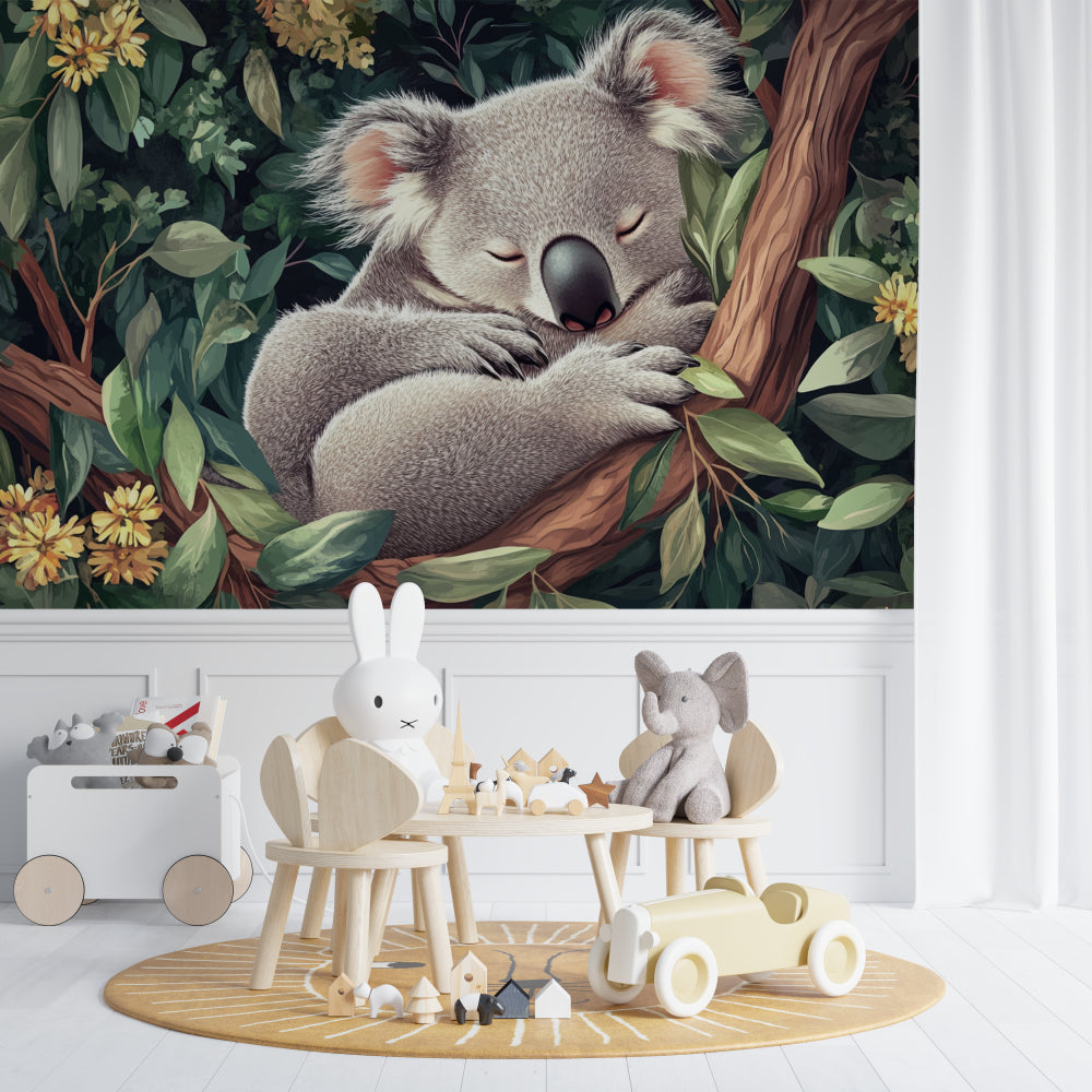 Koala forest wallpaper transforming a playroom into a calm sanctuary