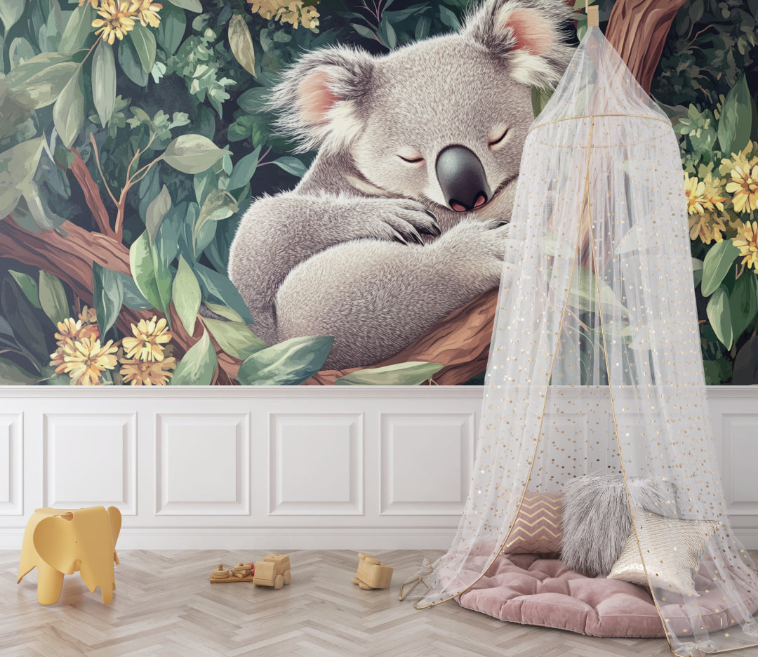 Forest animal wallpaper making a statement in a minimalist bedroom