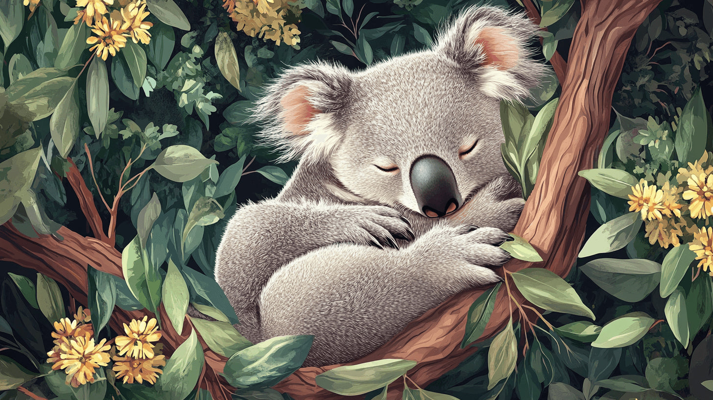 Sleepy koala wallpaper design file showing detailed fur texture and forest elements