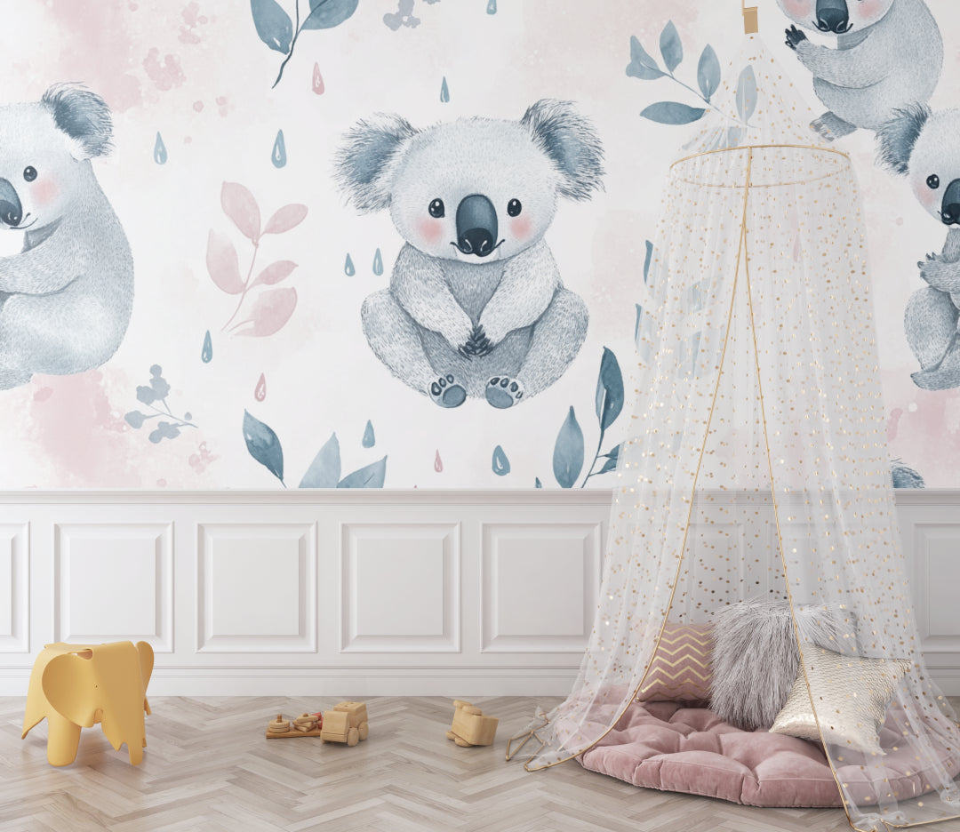 Koala nursery wallpaper creating a soft atmosphere in a modern white nursery with natural wood furniture