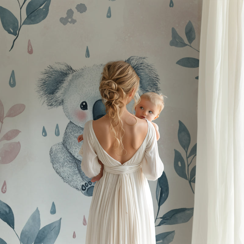 Sweet koala wallpaper design showcased in a minimal Scandinavian style nursery
