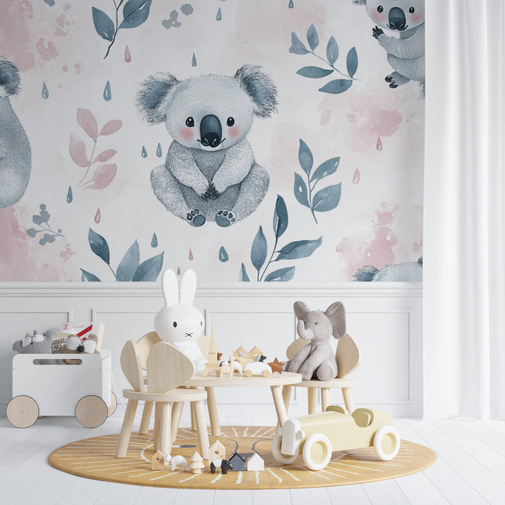 Nursery animal wallpaper featuring koalas in a modern gender-neutral baby room