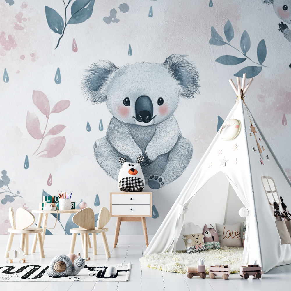 Koala bear mural displayed in a playful children's reading nook with cushions