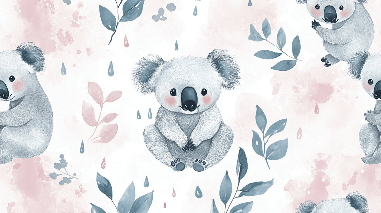 Design file showing sweet koala pattern with soft pink blossoms and blue leaves