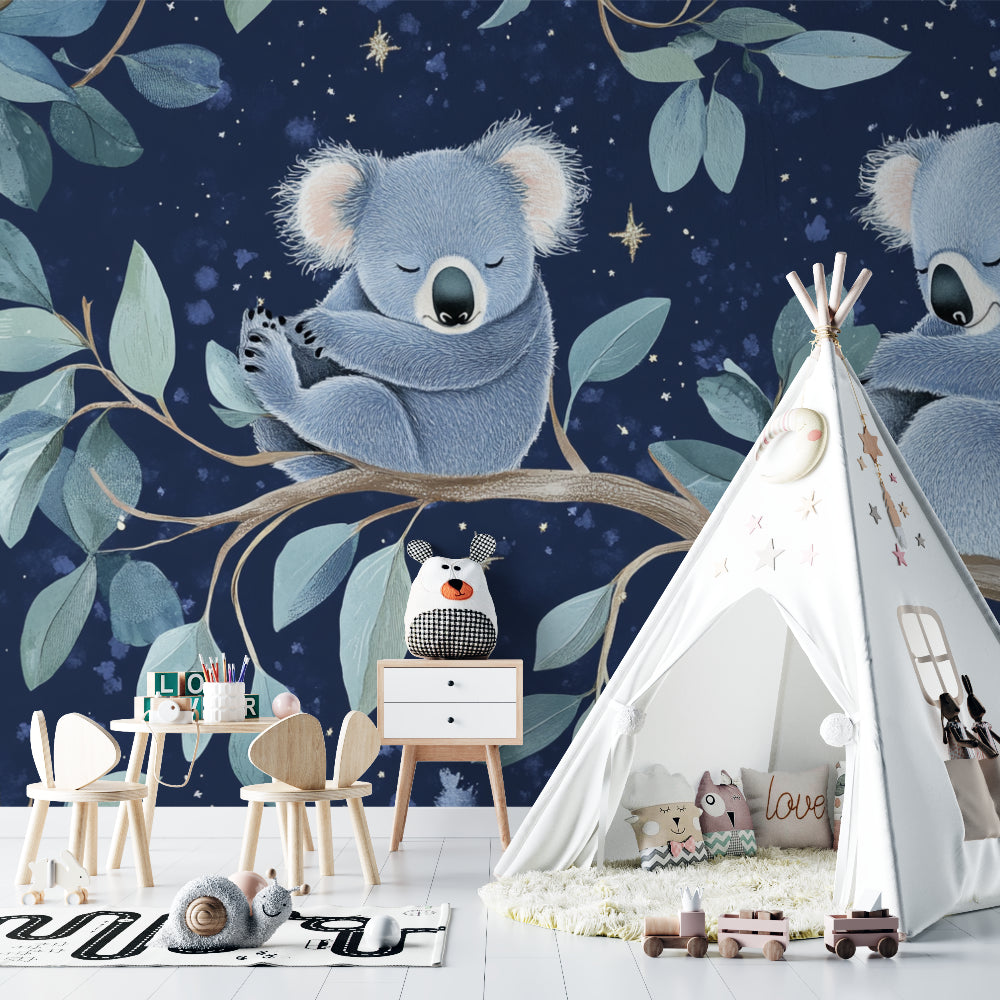 Koala wallpaper mural creating a magical atmosphere in a modern nursery with soft lighting