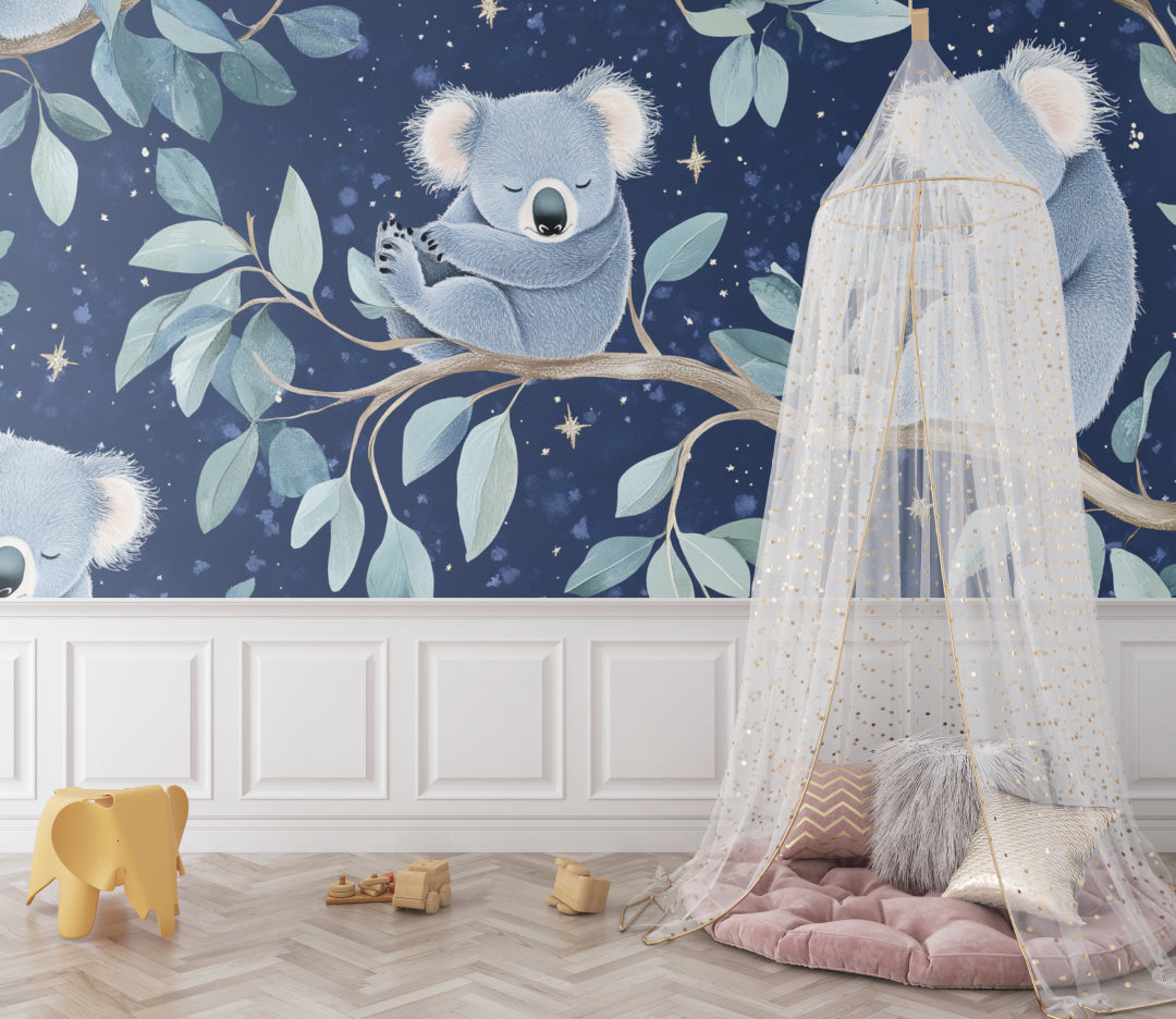 Starry night koala wallpaper bringing charm to a cozy reading nook