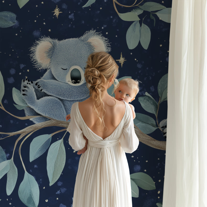 Koala nursery wallpaper showcased in a peaceful baby room setting